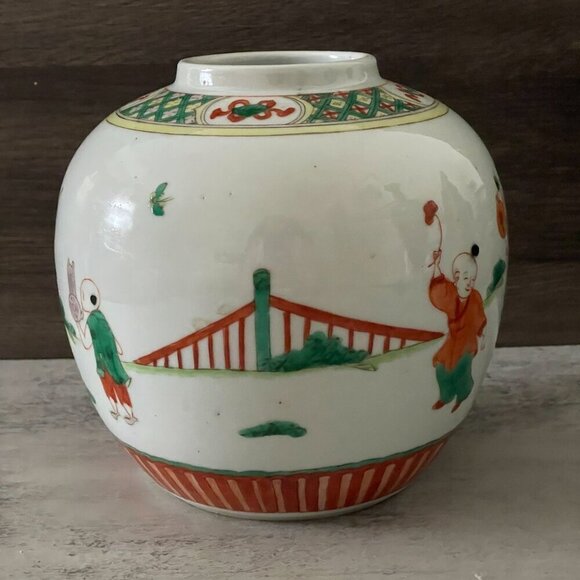 Antique 19th c. Chinese Famille Verte Hand Painted Ginger Open Jar Qing Dynasty - Picture 3 of 7